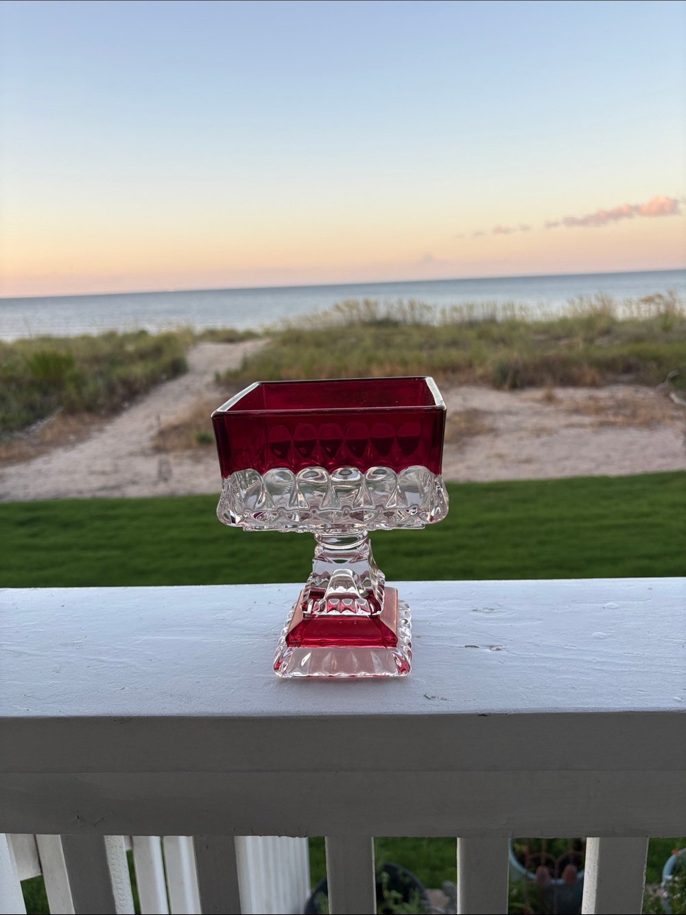 Ruby Red and Clear Glass Pedestal Bowl
